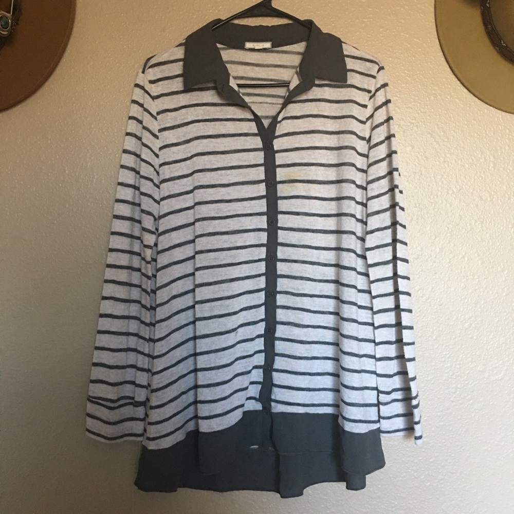 Pleione Women’s Tan and Grayish Green Stripe Button-down mock Sweater Blouse